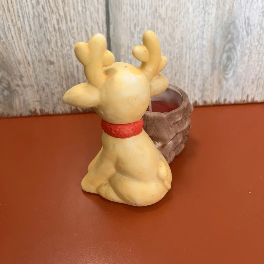 Reindeer Ceramic Candle Holder‎ With Red Accent Christmas Holiday Decor Vintage